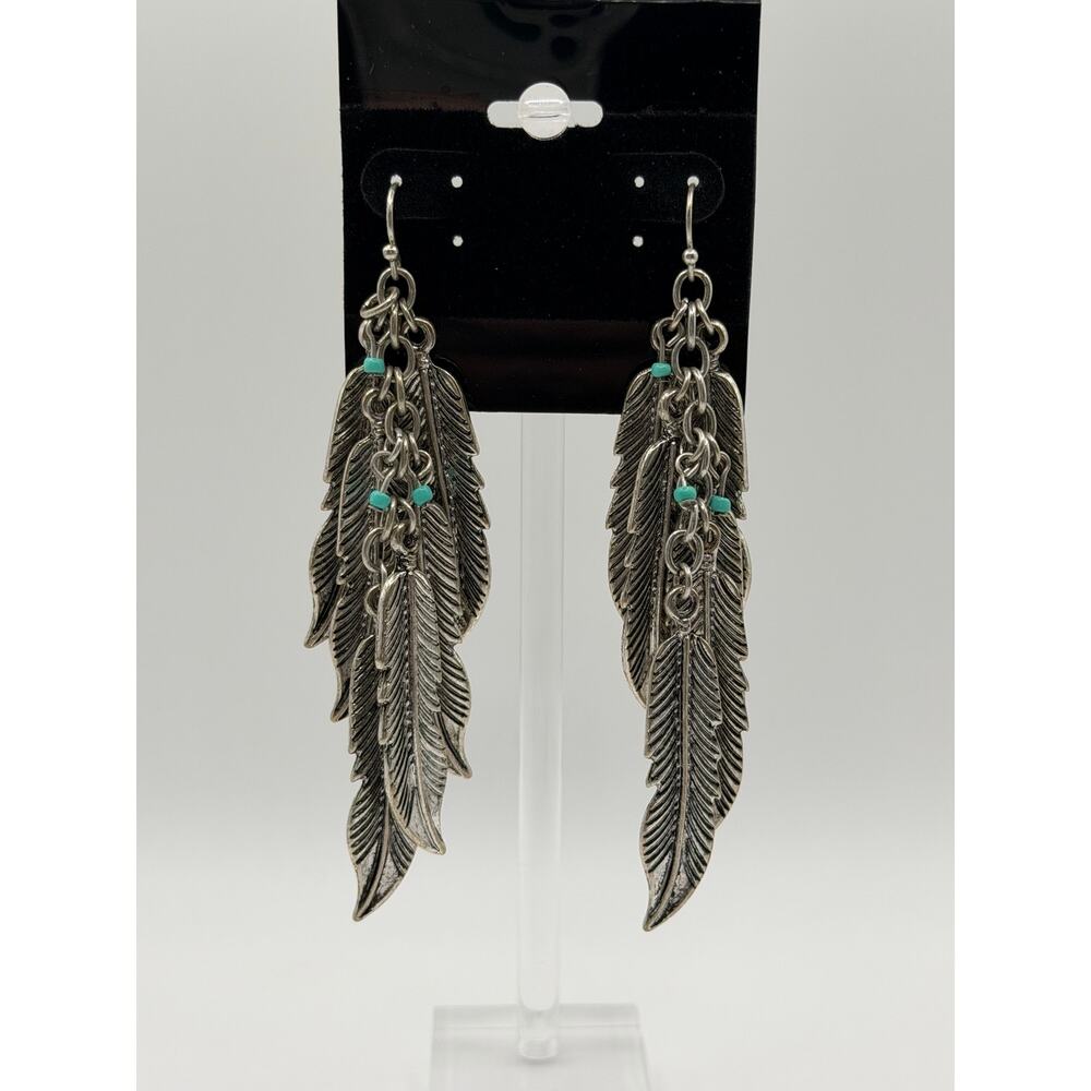 Silver Feather Cascade Dangle Earrings with Turquoise Accent Boho - Picture 4 of 6